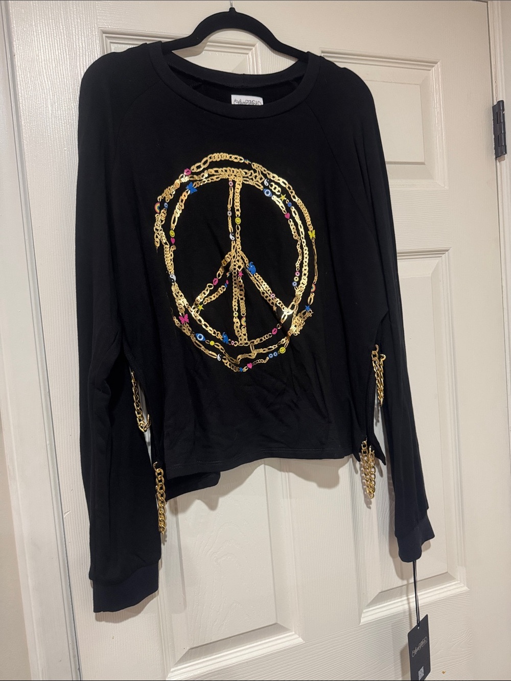 Lauren Moshi/Women's Black Sequin Peace Sign Long Sleeve Top/Chain Accents/NWT!